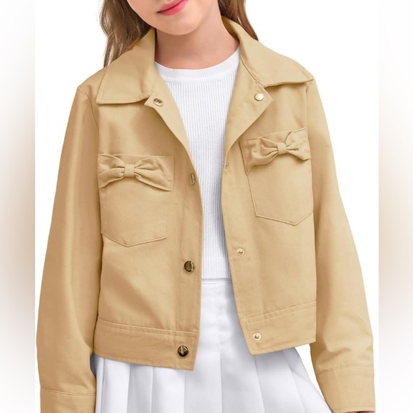 Girls Button Down Crop Jackets Kids Lapel Outerwear Clothes with Chest Pockets - Picture 1 of 7